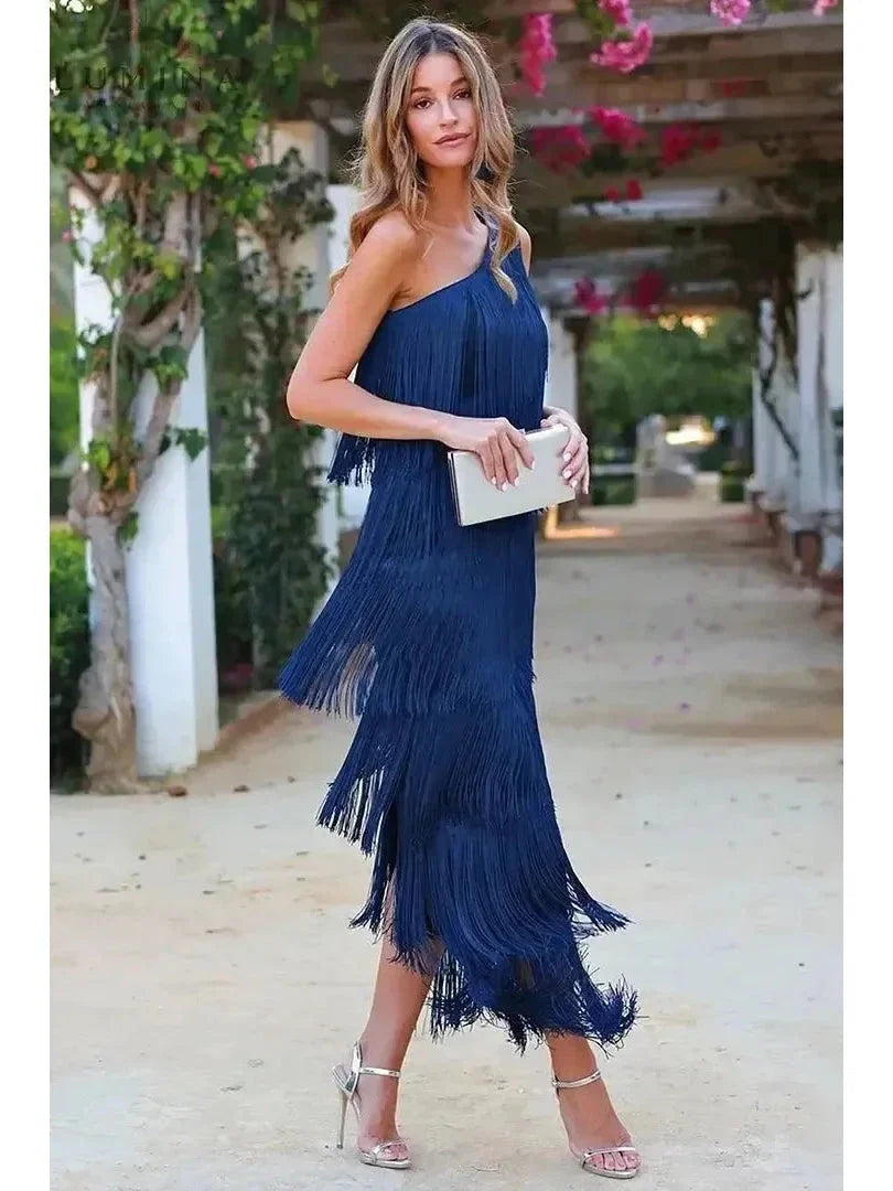 Blue Anne one-shoulder evening dress, stylish wedding guest dress with elegant design and fit.