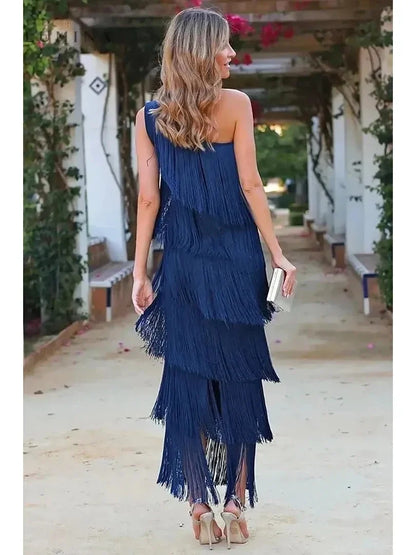 Blue Anne one-shoulder evening dress, elegant style perfect for wedding guests and formal events.