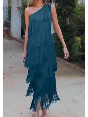 Green Anne one-shoulder evening dress with elegant design, perfect for wedding guests or formal occasions.
