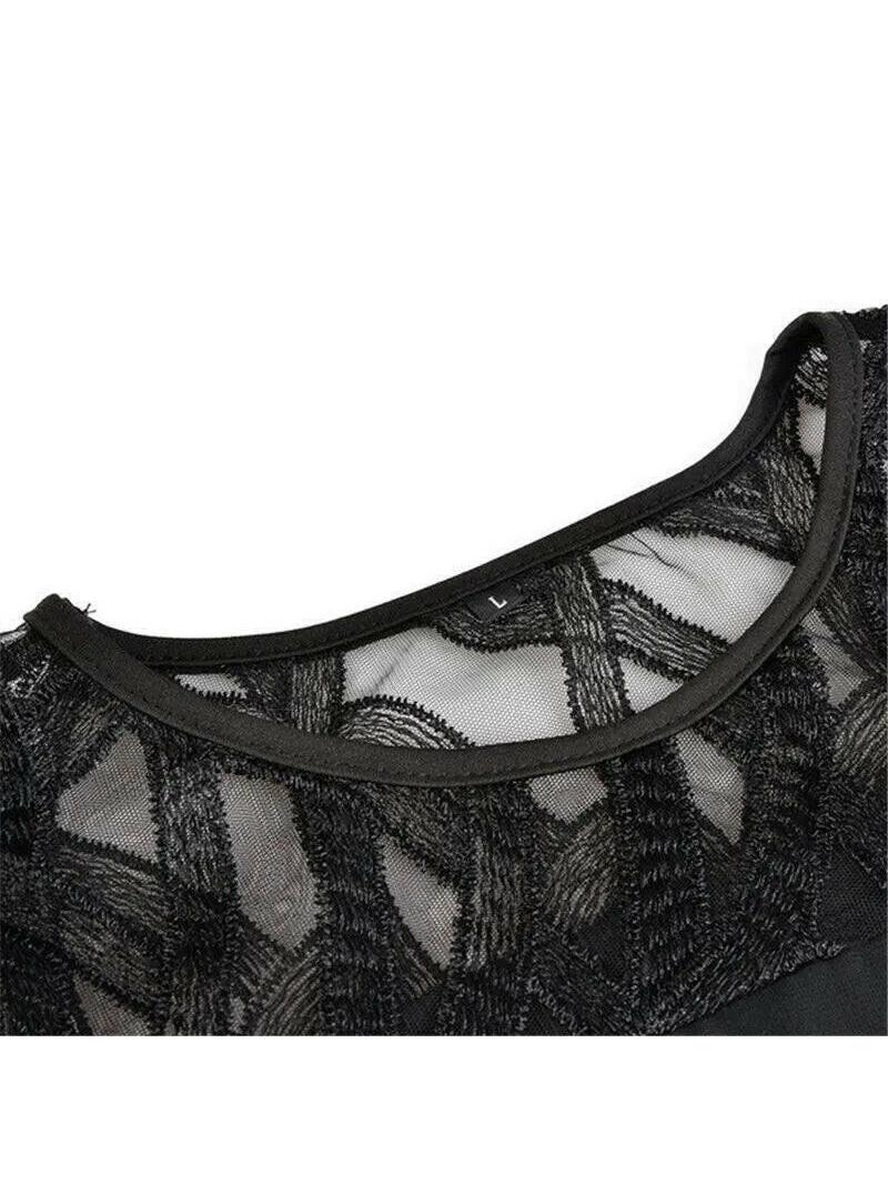 Close-up of the black dress neckline and sheer geometric fabric