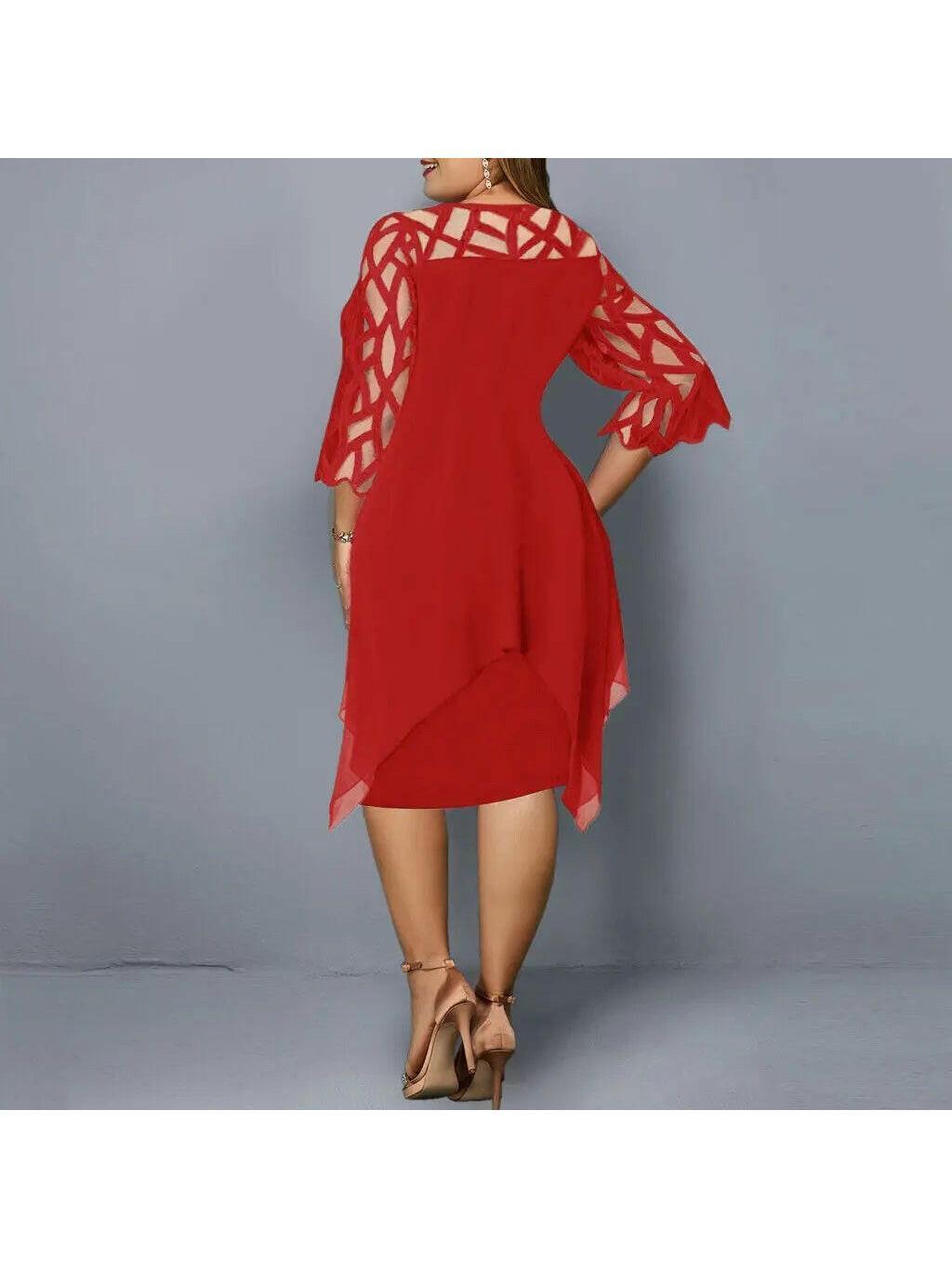 Back view of a red dress with geometric sheer sleeves