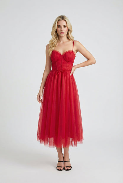 Red Victoria elegant flowy A-line midi dress, showcasing a stylish, flowing silhouette in a vibrant red fabric.