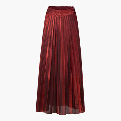 Women's Red Pleated Skirt with a Wide Gathered Waistband and Sheer Hemline-1