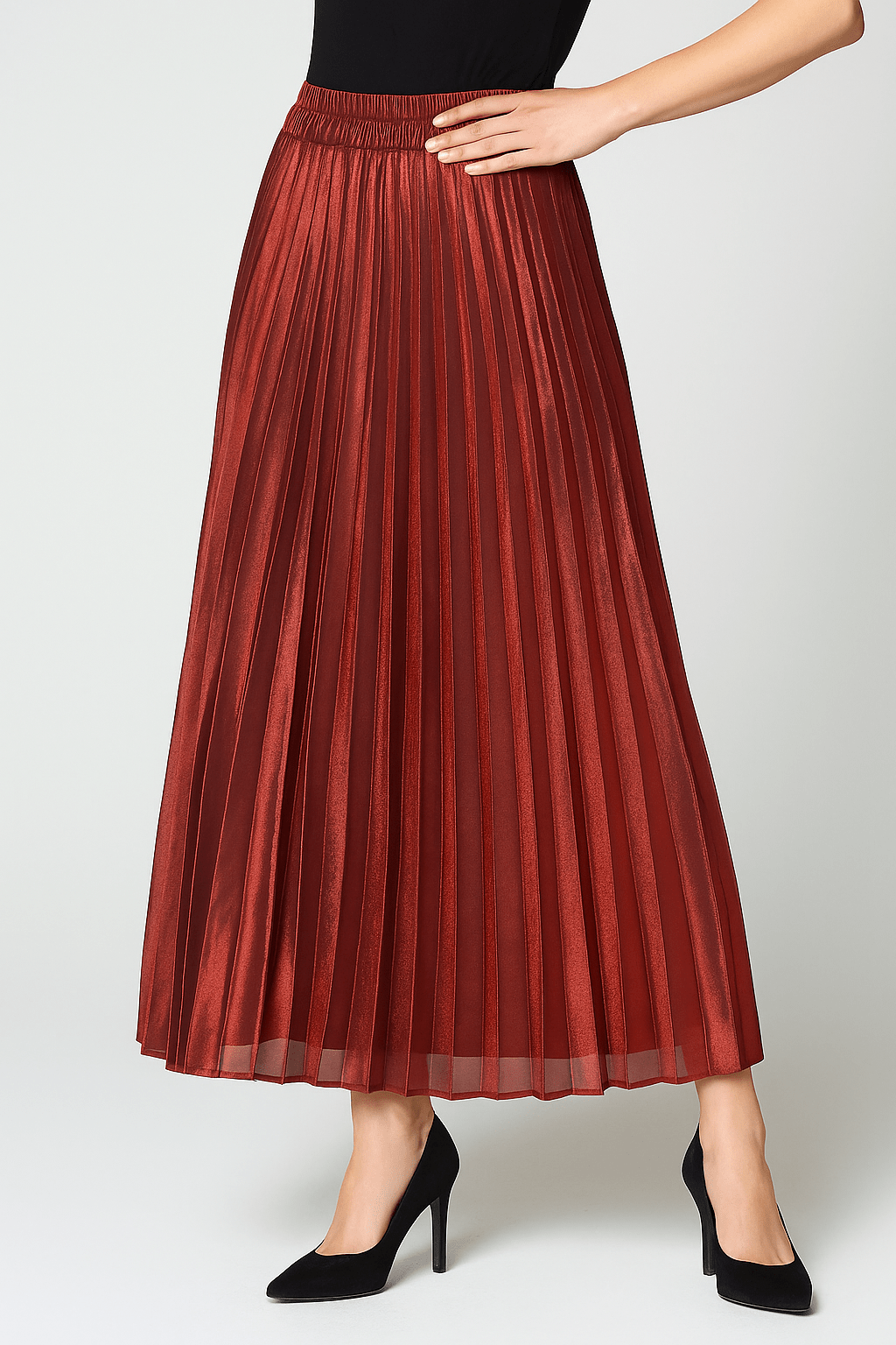 Women's Red Pleated Skirt with a Wide Gathered Waistband and Sheer Hemline-3