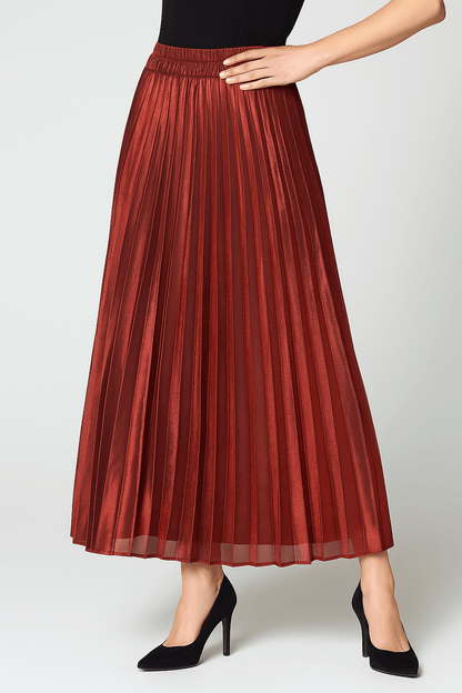 Women's Red Pleated Skirt with a Wide Gathered Waistband and Sheer Hemline-3