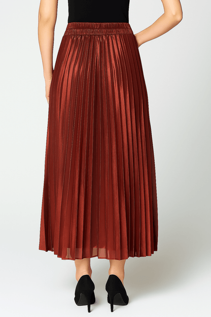 Women's Red Pleated Skirt with a Wide Gathered Waistband and Sheer Hemline-4