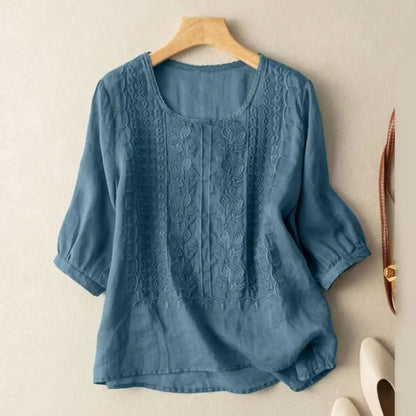 Front view of a blue blouse with raised floral motifs on the front panels