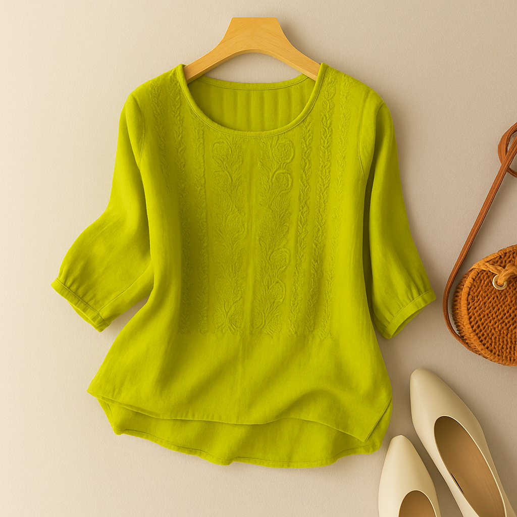 Yellow-lime blouse image with floral motifs on the front panels
