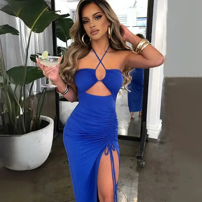 Ruched halter-neck dress with a front cut-out