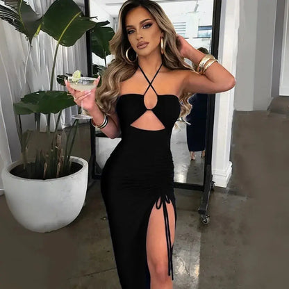 Ruched halter-neck dress with a front cut-out