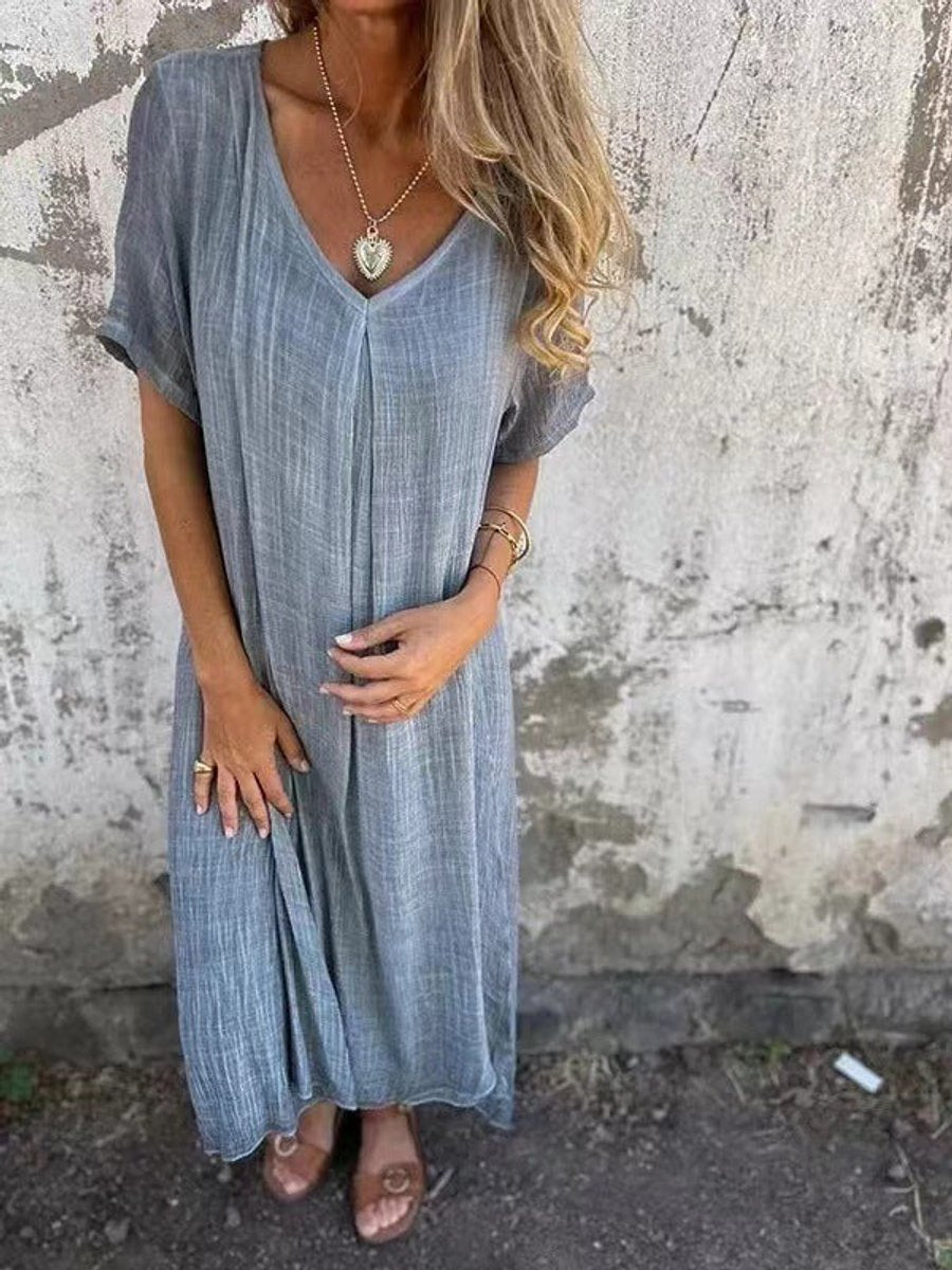 Women's Relaxed V-Neck Short Sleeve Flowy Maxi Dress - Gray