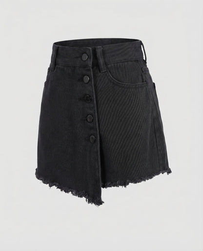 Women's button-front raw-hem skort in Black