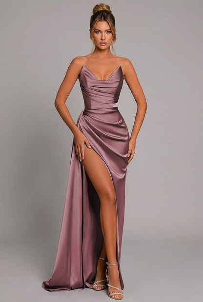 Bodycon Maxi Dress Women's | Strapless Ruched & High Split Gown