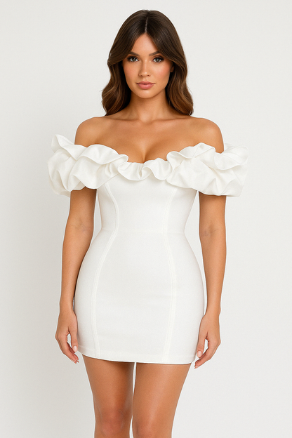 Black and white Aurora off-shoulder mini dress, featuring a stylish, fitted silhouette and elegant neckline.