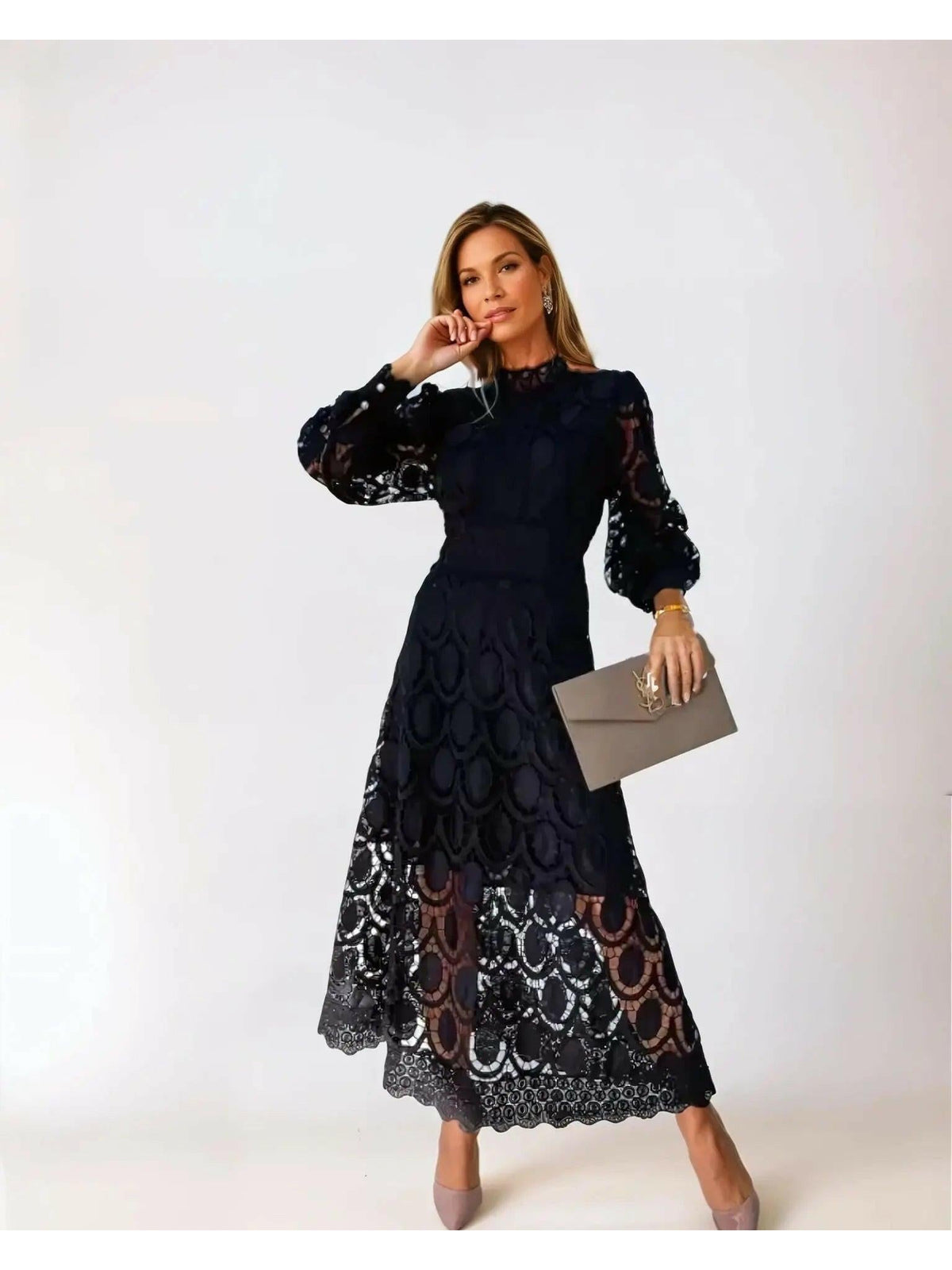 Amélie French lace dress in apricot, featuring elegant design and intricate lace details, perfect for stylish occasions.