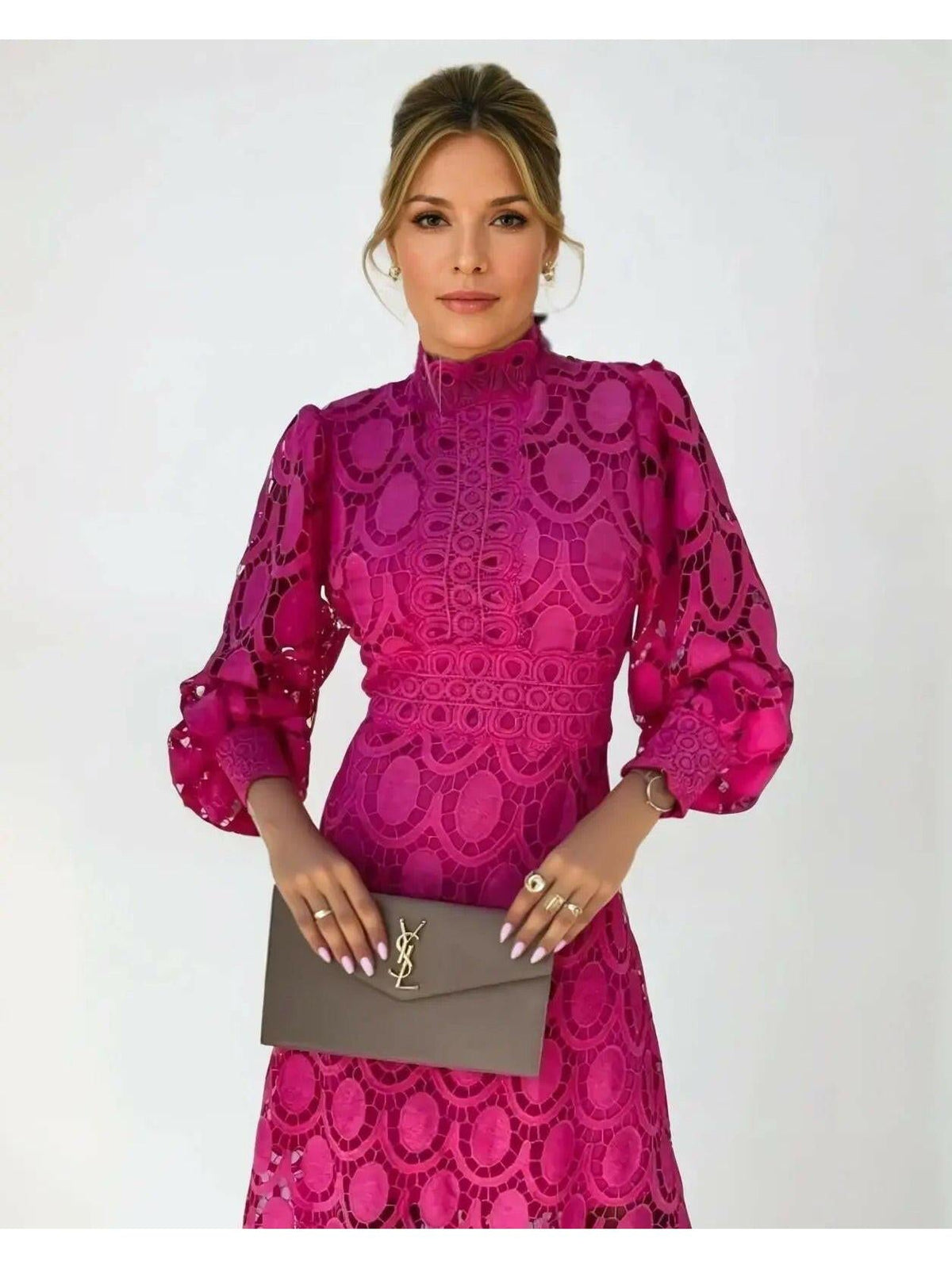 Apricot French lace dress featuring intricate lace details and a flattering silhouette.