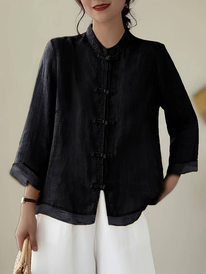 Women's three-quarter-sleeve blouse with a Mandarin collar