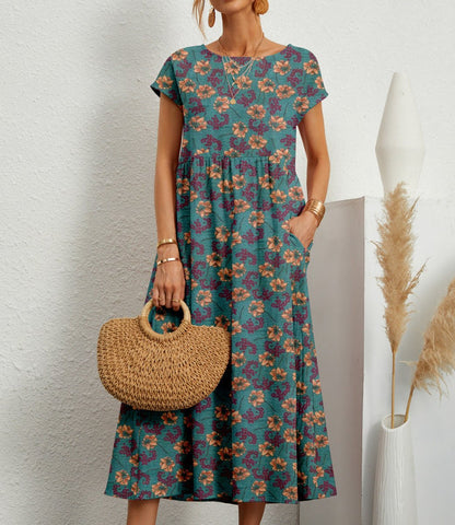 Women's Relaxed-Fit Tie-Dye Floral Dress Midi Pockets - Green