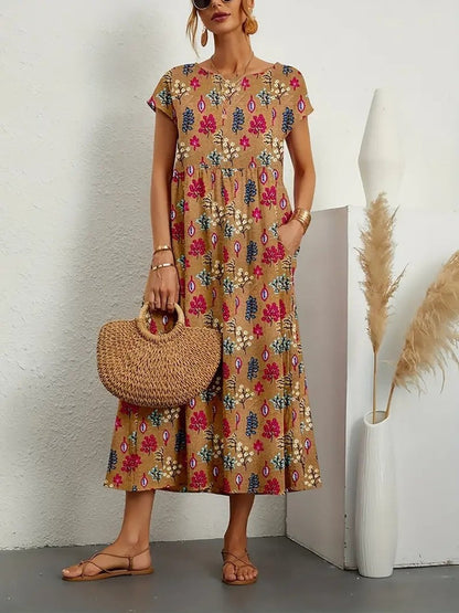 Women's Relaxed-Fit Tie-Dye Floral Dress Midi Pockets - Khaki