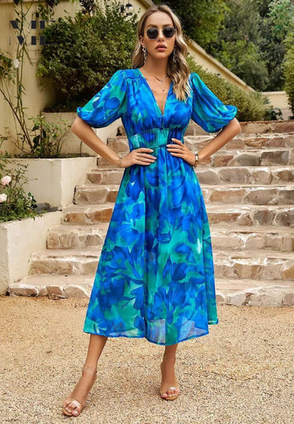 Blue-and-teal abstract floral V-neck midi dress, front view