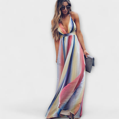 V-Neck Multicolored Striped Women's Dress for Every Occasion