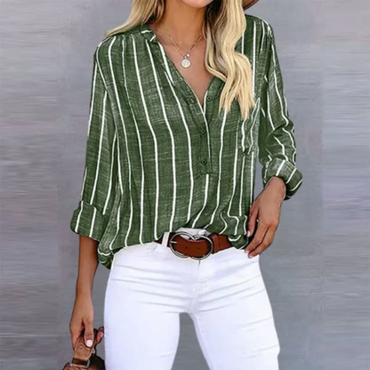 Light blue and white striped Bella relaxed button blouse, casual T-shirt style with a comfortable fit.