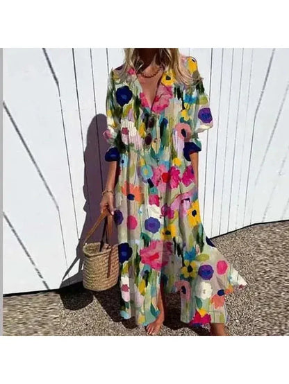 Woman wearing a multicolour floral maxi dress outdoors