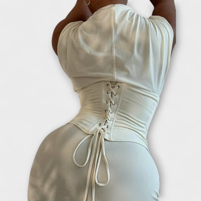 White High-Neck Maxi Dress with Cap Sleeves, a Corset Waist and Lace-Up Back-2