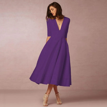 womens-woven-midi-dress-with-v-neck-and-pleated-skirt-9