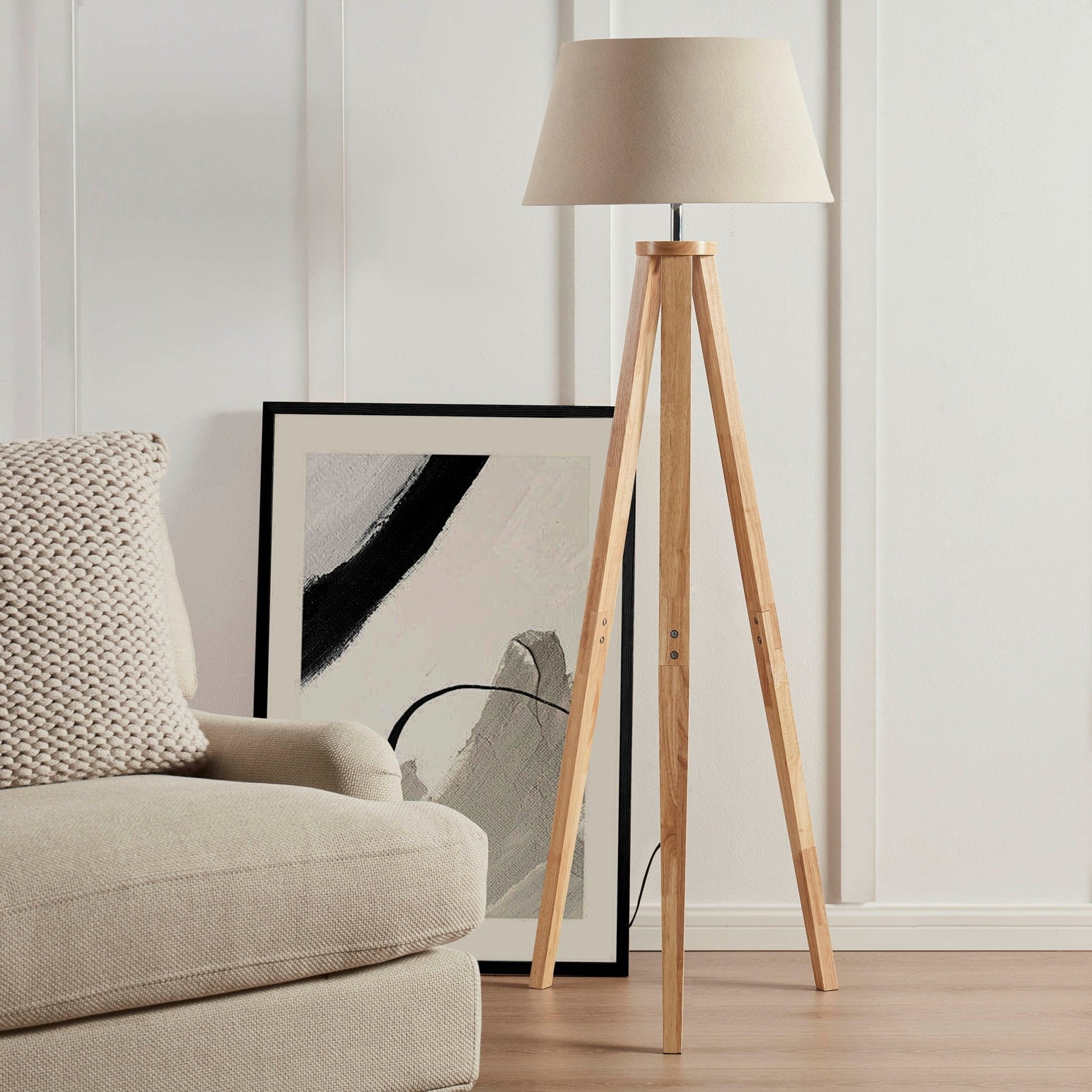Wooden Tripod Floor Lamp with White Shade – Sturdy Natural Style Lighting