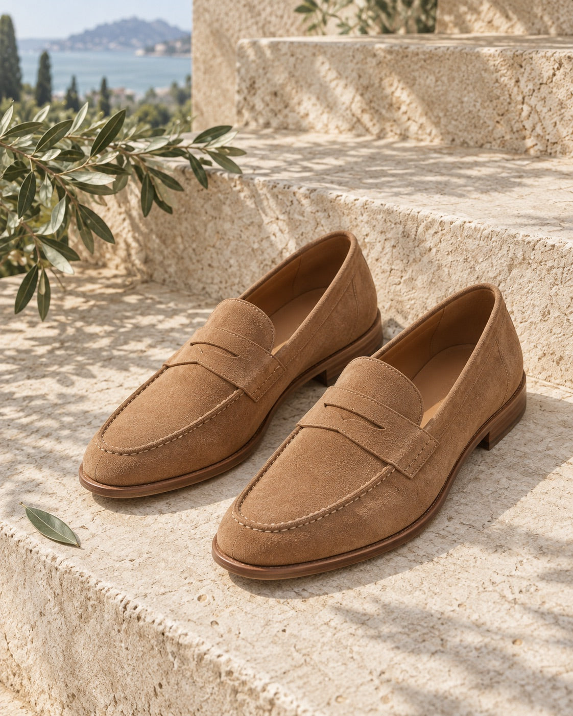 Tan suede men's loafers styled on limestone for the Zenith men's spring shoes collection